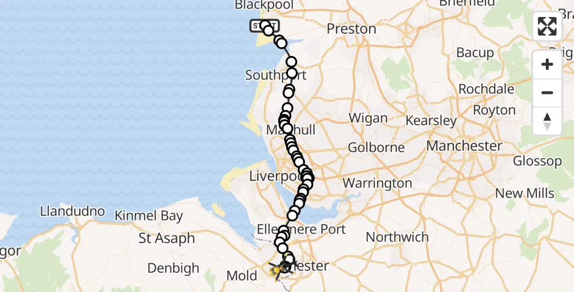 Flight route Police Helicopter Blackpool Airport - Hawarden Airport, 18 August 2026, 13:56
