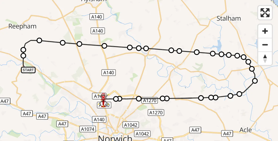 Flight route Air Ambulance Helicopter Weston Longville - Norwich Airport, 18 August 2026, 14:05