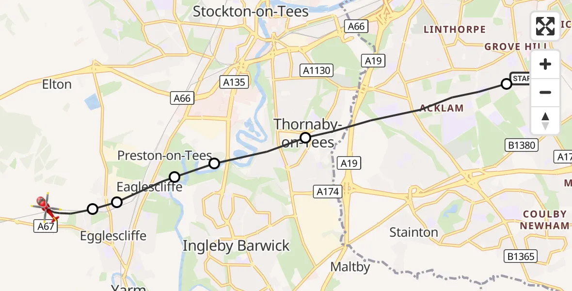 Flight route Air Ambulance Helicopter James Cook University Hospital - Egglescliffe, 18 August 2026, 14:08