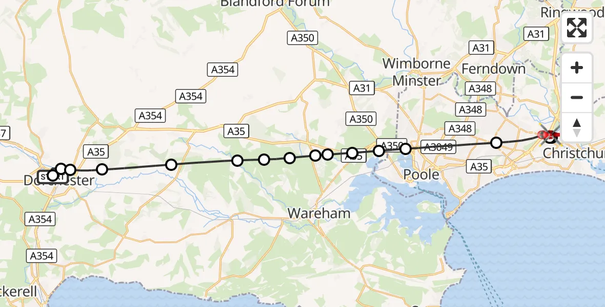 Flight route Air Ambulance Helicopter Dorchester Hospital - Bournemouth, 18 August 2026, 14:10