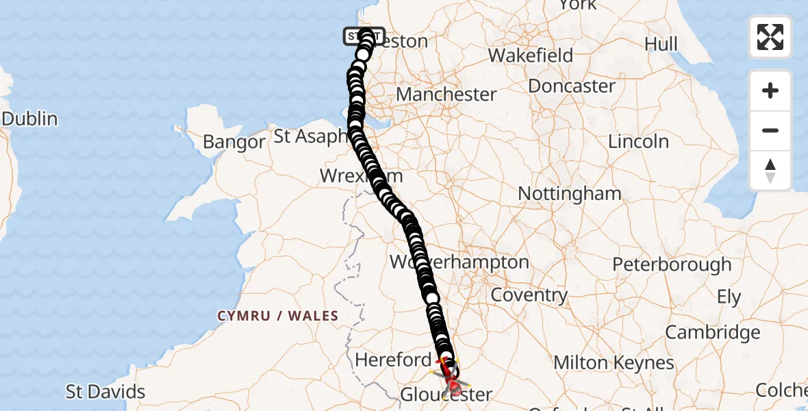 Flight route Air Ambulance Helicopter Fylde - Tewkesbury, 18 August 2026, 14:13