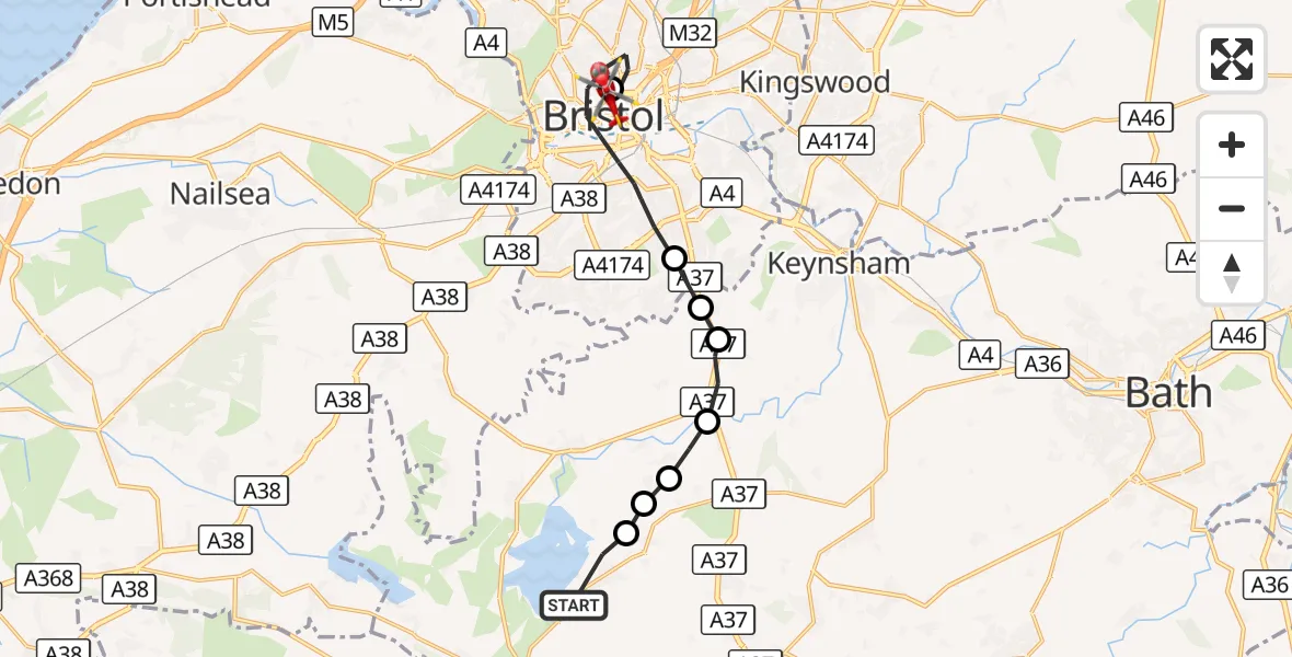 Flight route Air Ambulance Helicopter Bishop Sutton - Bristol Royal Infirmary, 18 August 2026, 14:15