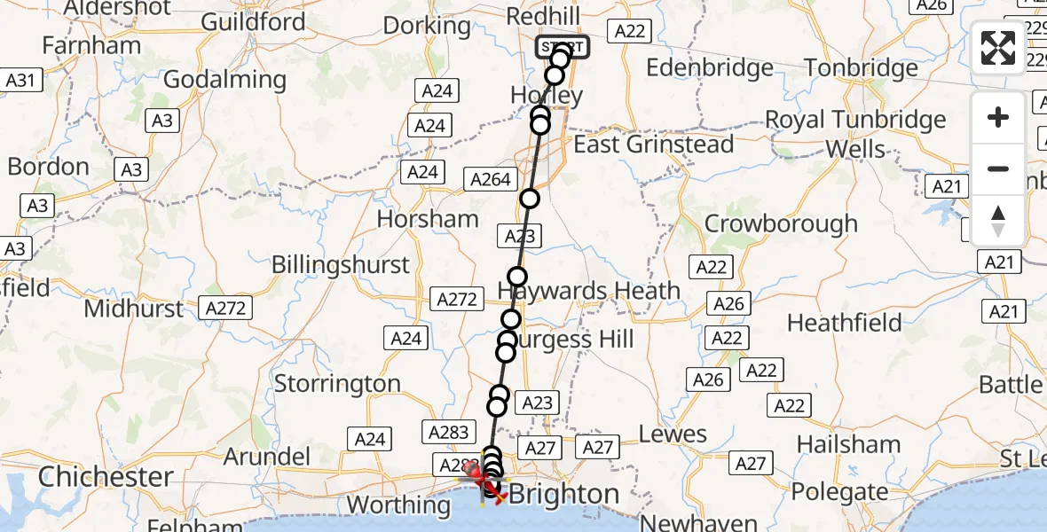 Flight route Air Ambulance Helicopter Redhill Aerodrome - Kingston Buci, 18 August 2026, 14:20