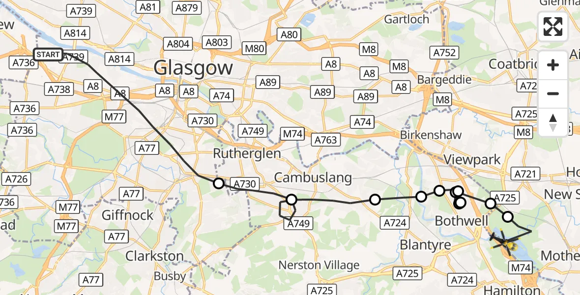 Flight route Police Helicopter Glasgow - Bellshill, 18 August 2026, 14:20