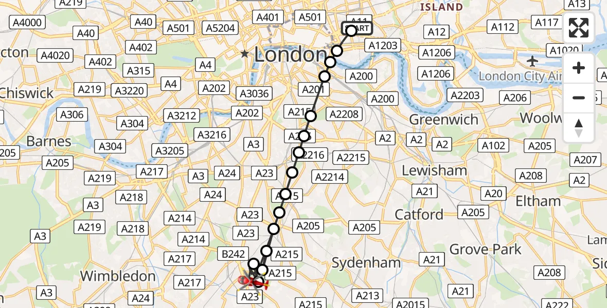 Flight route Air Ambulance Helicopter Royal London Hospital - Thornton Heath, 18 August 2026, 14:21
