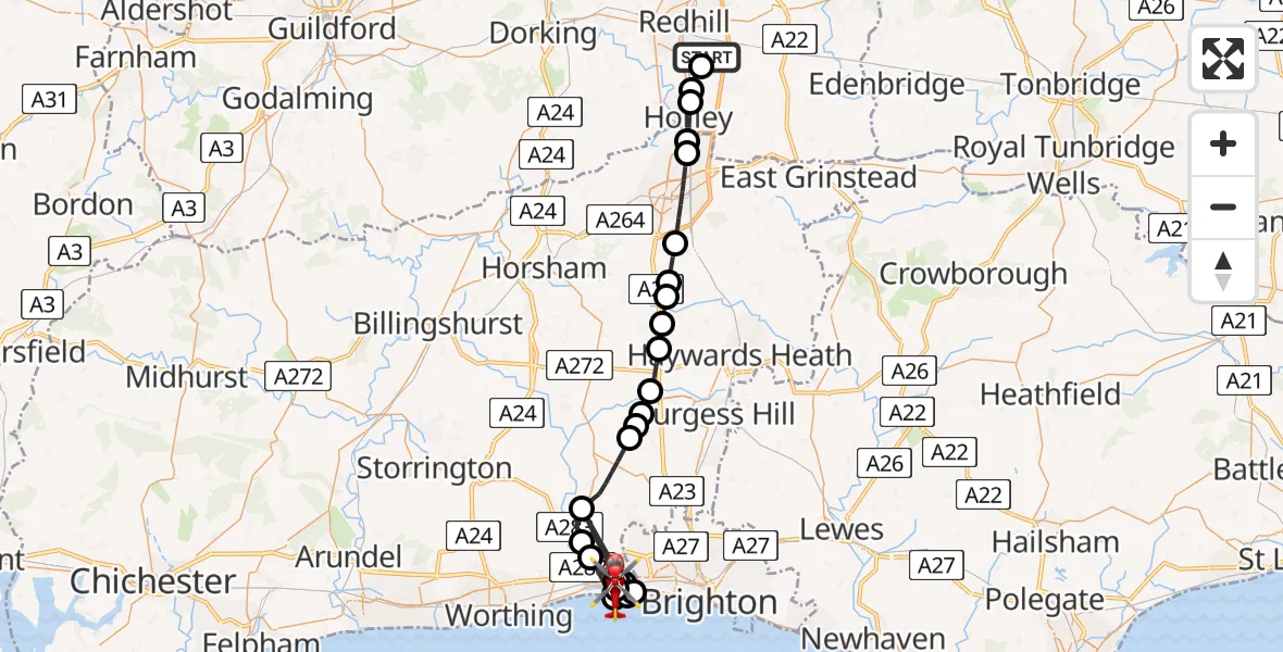 Flight route Air Ambulance Helicopter Redhill Aerodrome - Kingston Buci, 18 August 2026, 14:26
