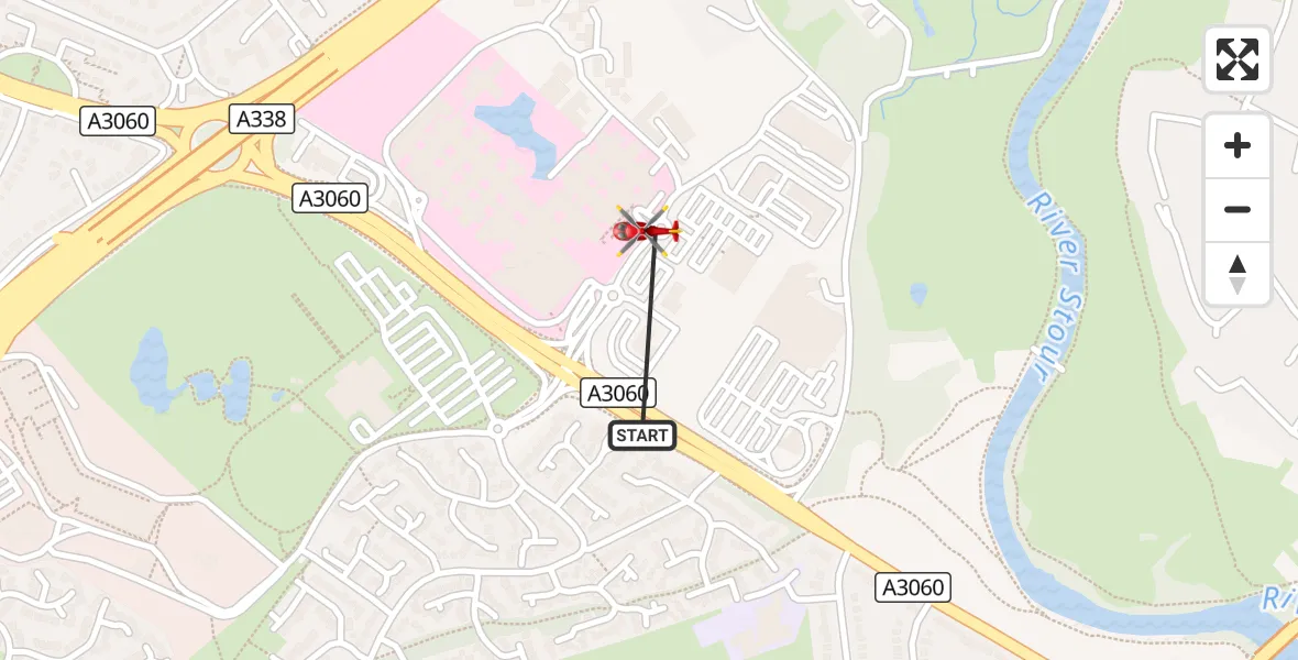 Flight route Air Ambulance Helicopter Royal Bournemouth Hospital - Royal Bournemouth Hospital, 18 August 2026, 14:27