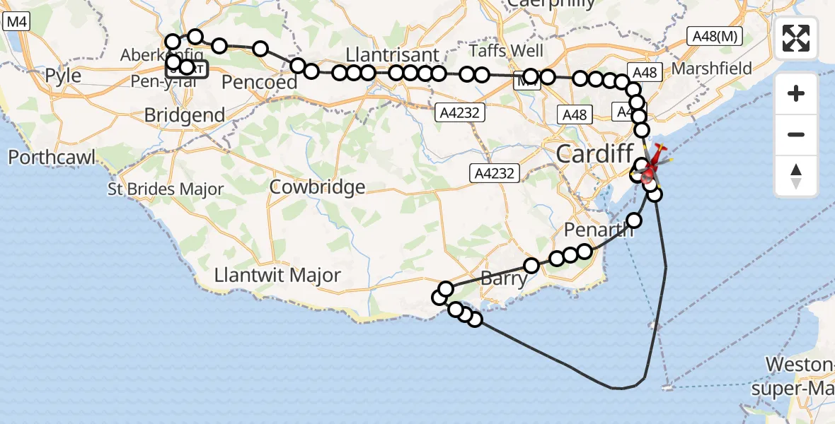 Flight route Air Ambulance Helicopter Sarn - Pengam Green, 18 August 2026, 14:32