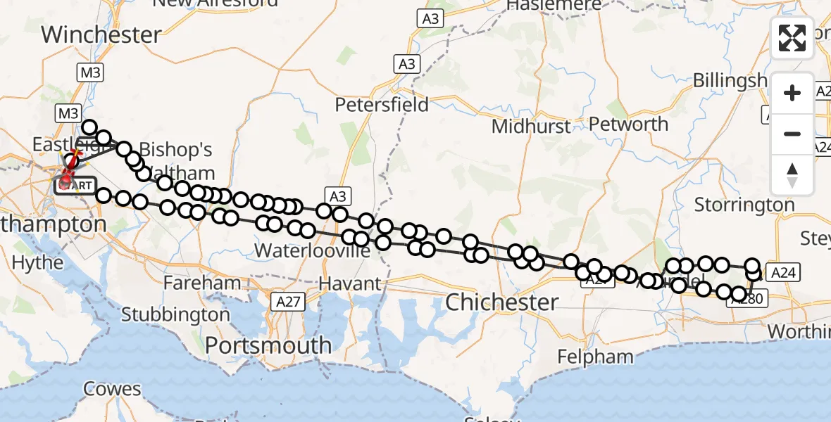 Flight route Air Ambulance Helicopter Eastleigh - Southampton Airport, 18 August 2026, 14:44