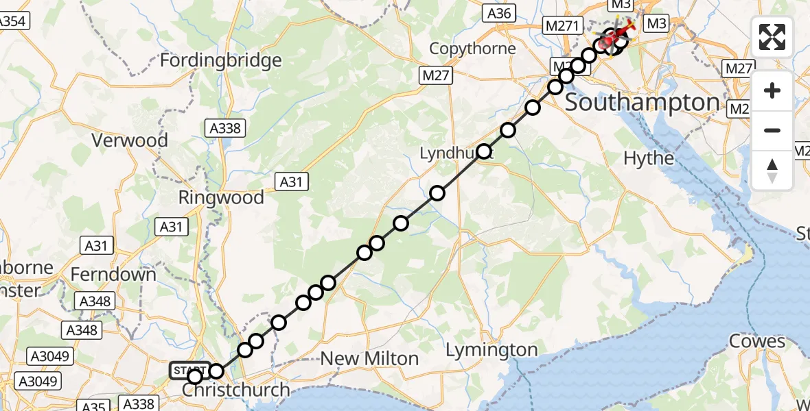 Flight route Air Ambulance Helicopter Royal Bournemouth Hospital - Aldermoor, 18 August 2026, 14:46