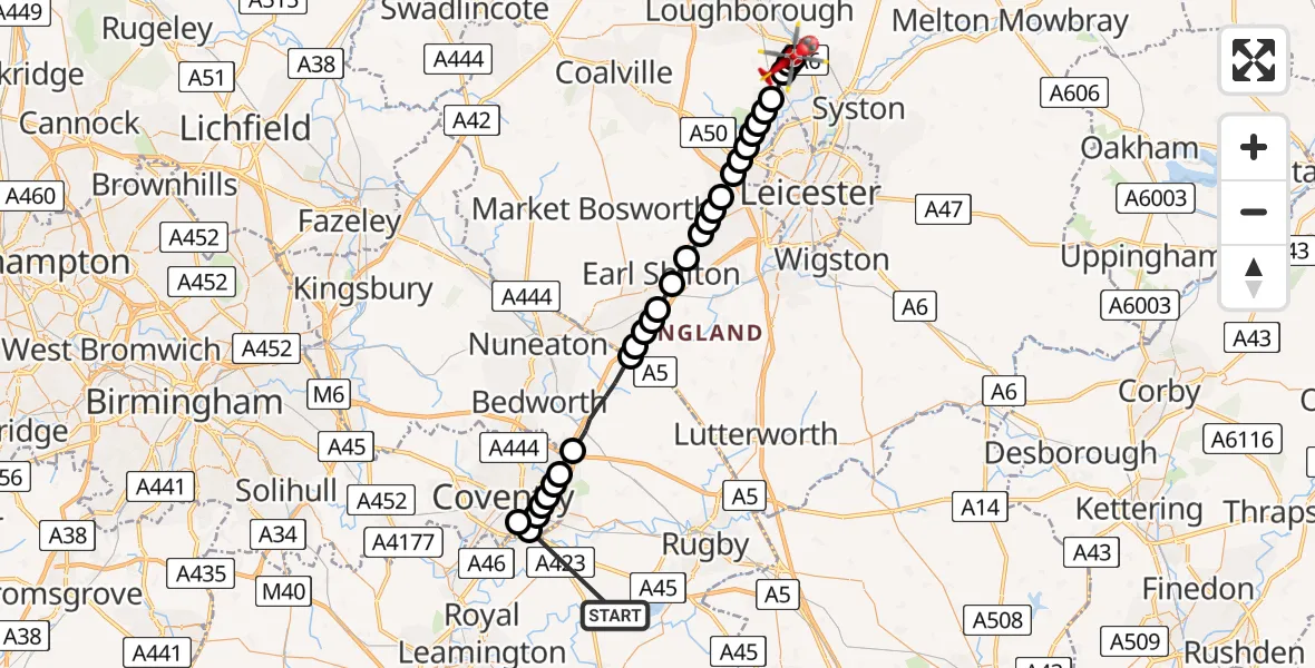 Flight route Air Ambulance Helicopter Rugby - Quorn, 18 August 2026, 14:50