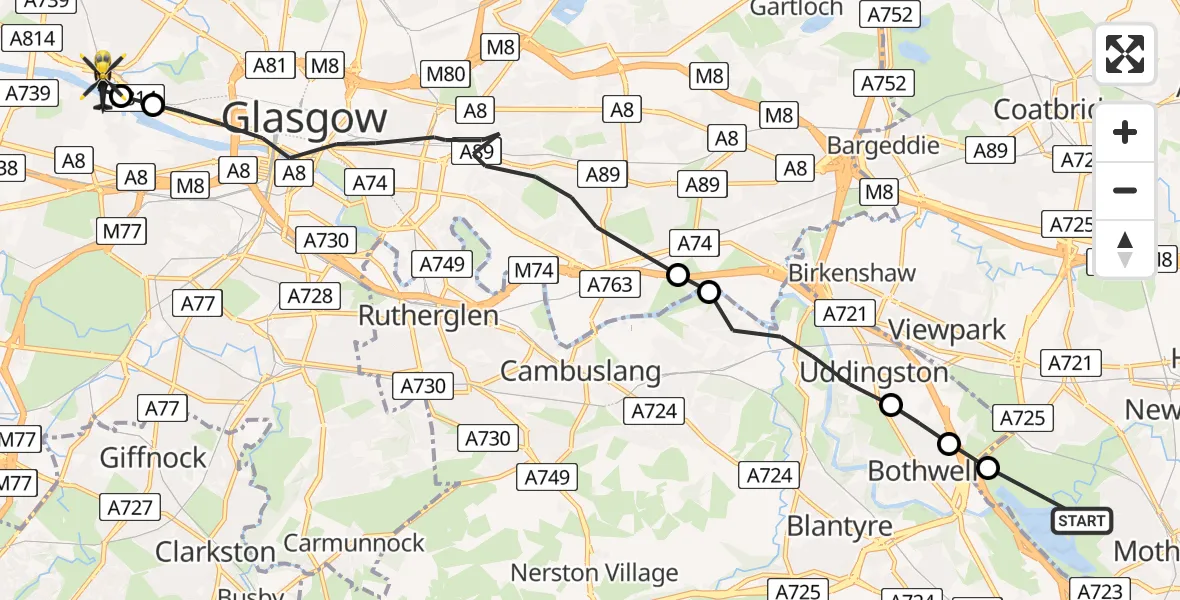 Flight route Police Helicopter Bellshill - Glasgow, 18 August 2026, 14:51