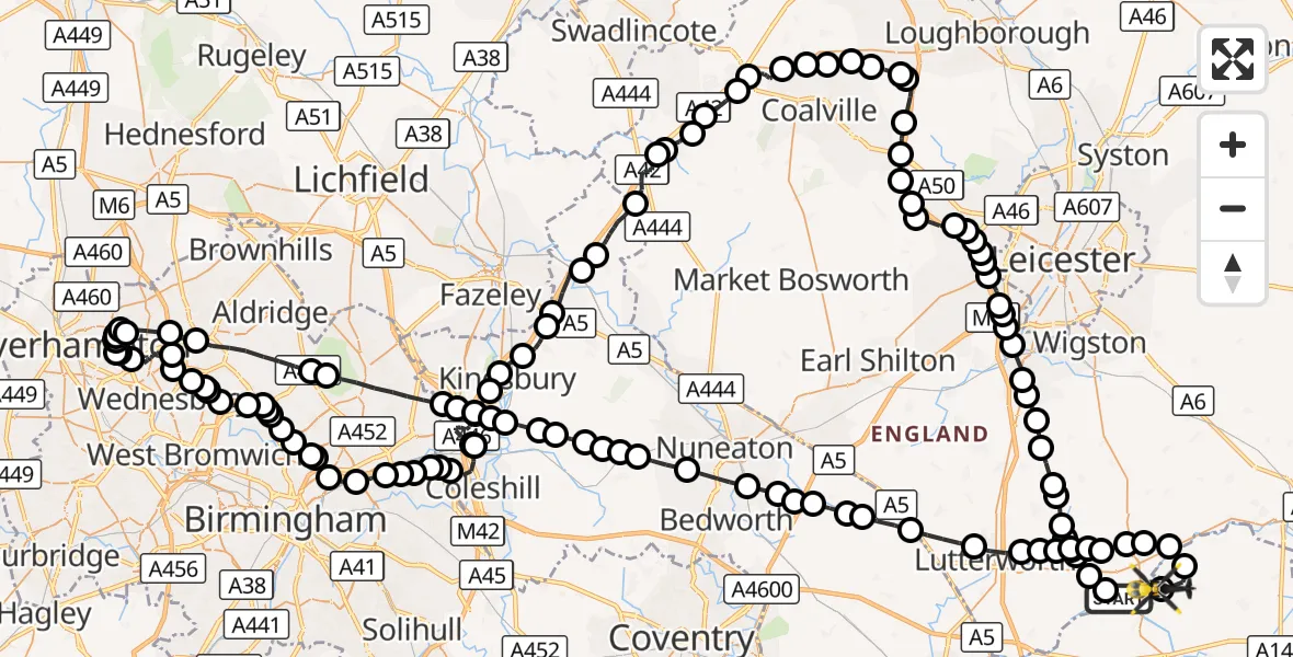 Flight route Police Helicopter Welford - Harborough, 18 August 2026, 14:54