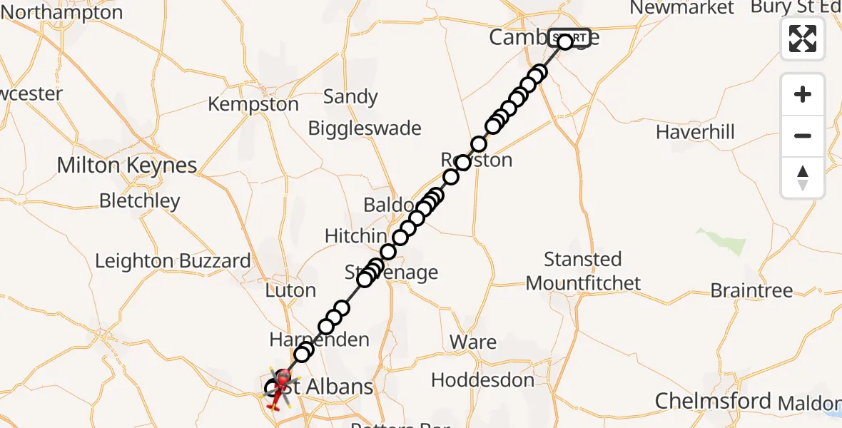 Flight route Air Ambulance Helicopter Cambridge City Airport - Corner Hall, 18 August 2026, 14:57