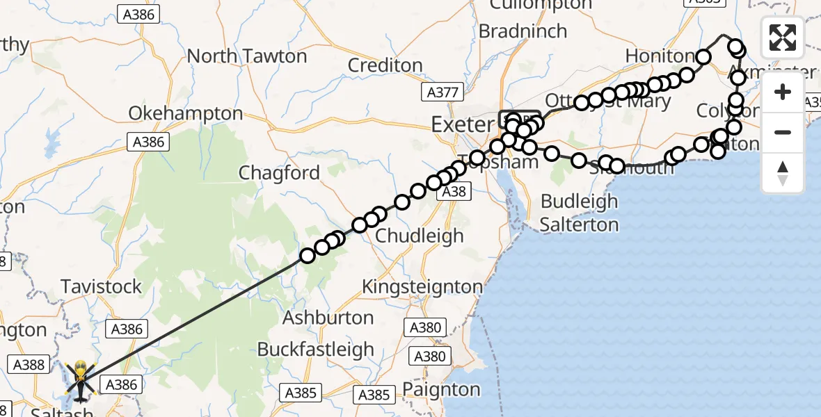 Flight route Police Helicopter Exeter International Airport - Bere Ferrers, 18 August 2026, 14:59