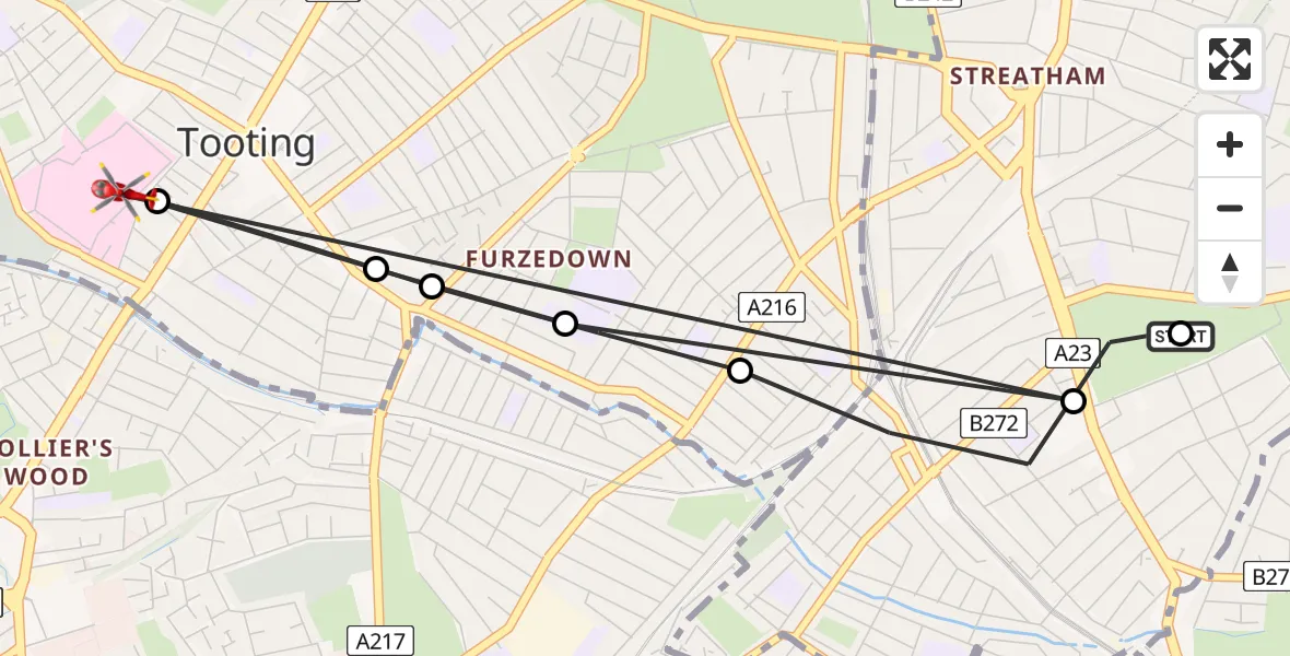 Flight route Air Ambulance Helicopter Streatham - St Georges Hospital, 18 August 2026, 15:12