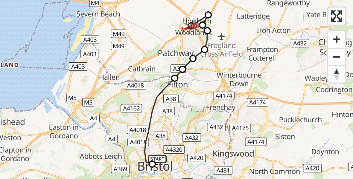 Flight route Air Ambulance Helicopter Bristol Royal Infirmary - Almondsbury Helicopter Base, 18 August 2026, 15:12