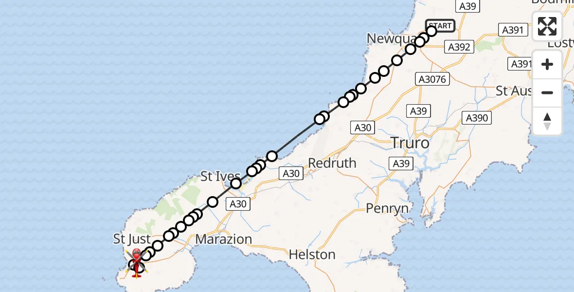 Flight route Air Ambulance Helicopter Cornwall Airport Newquay - Sennen, 18 August 2026, 15:20