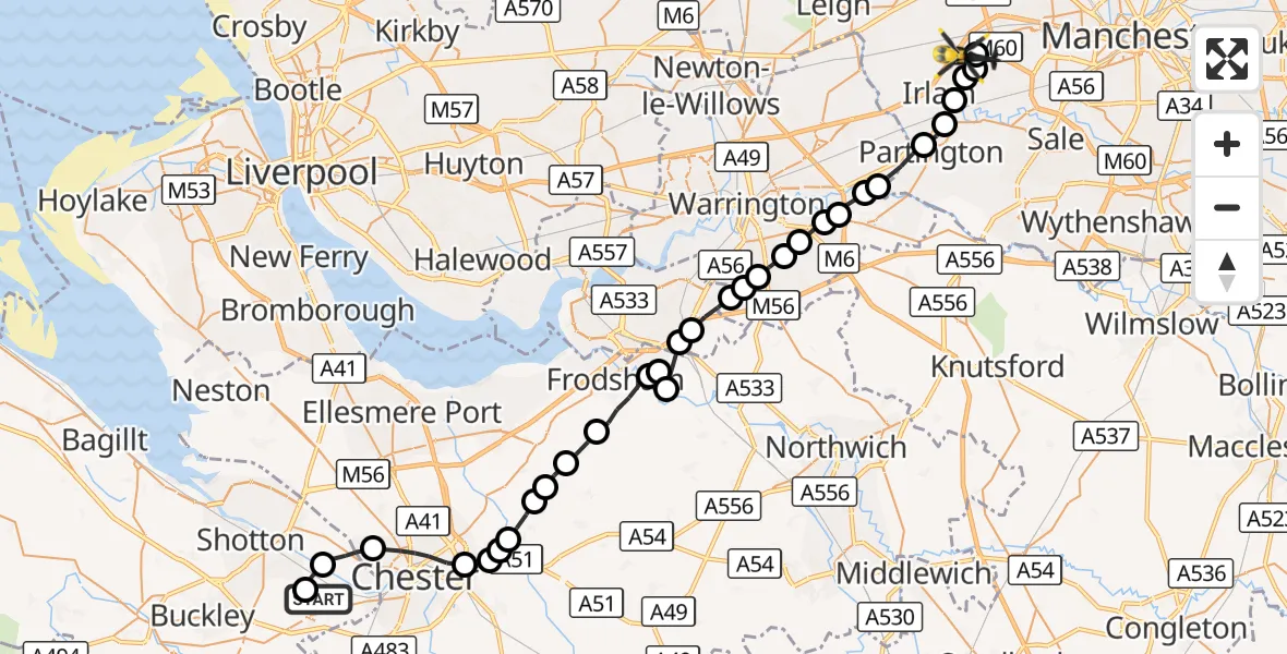 Flight route Police Helicopter Hawarden Airport - Irlam, 18 August 2026, 15:26