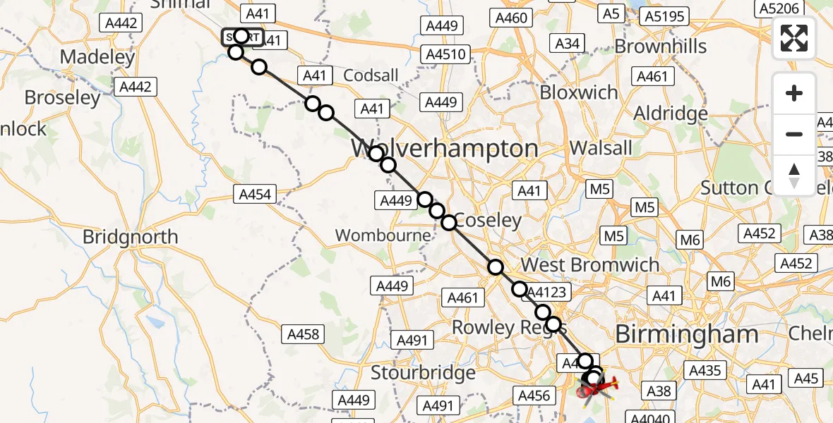 Flight route Air Ambulance Helicopter RAF Cosford - World's End, 18 August 2026, 15:34