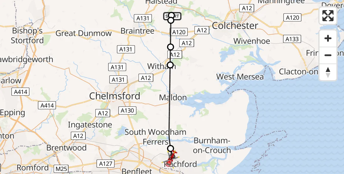 Flight route Air Ambulance Helicopter Earls Colne Airfield - Rochford, 18 August 2026, 15:38