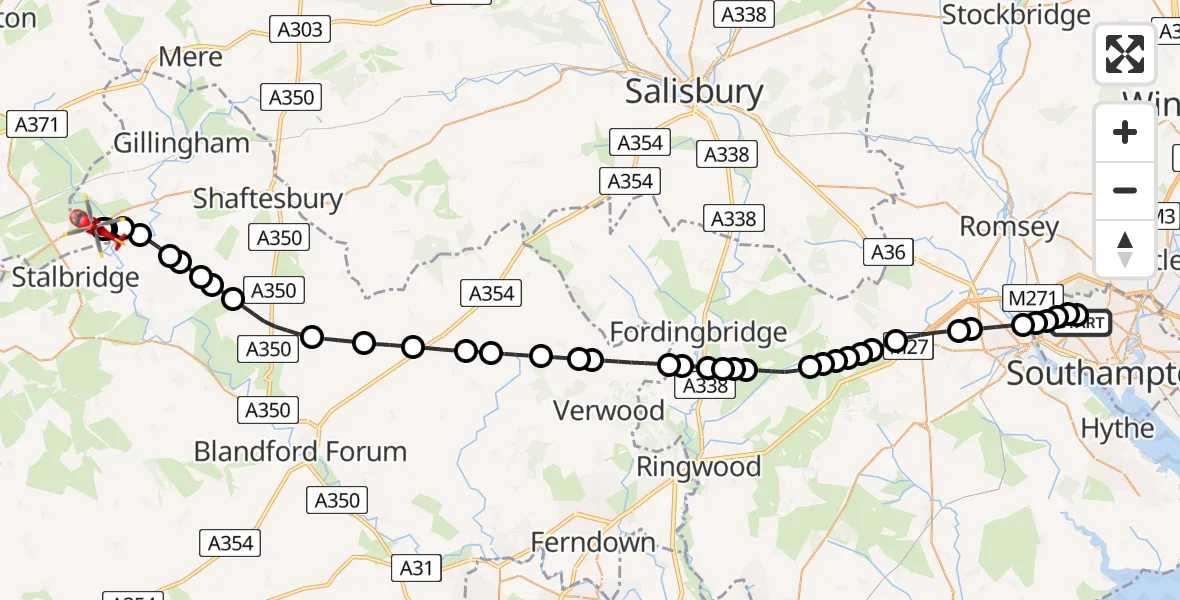 Flight route Air Ambulance Helicopter University Hospital Southampton - Henstridge Airfield, 18 August 2026, 15:42