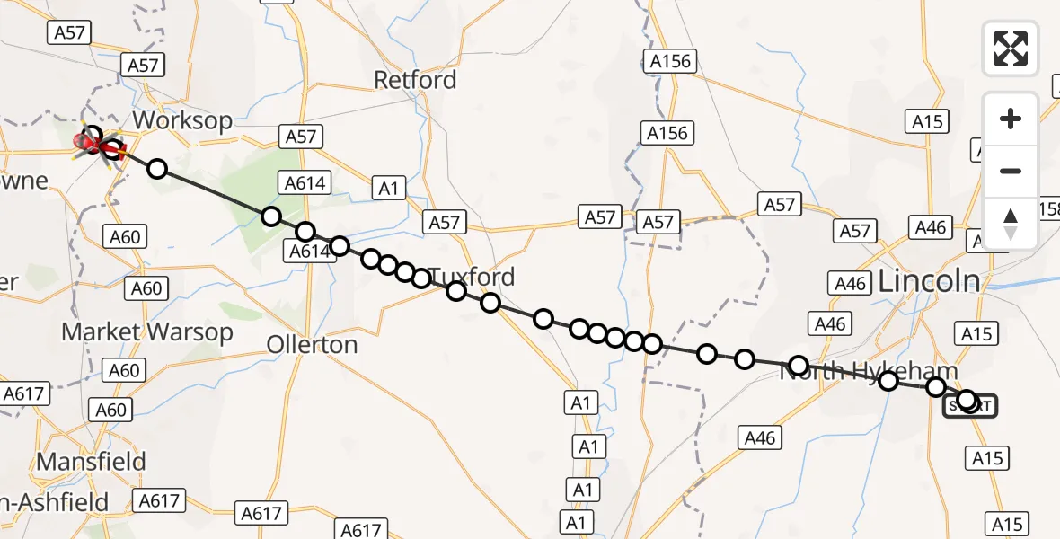 Flight route Air Ambulance Helicopter RAF Waddington - Bolsover, 18 August 2026, 15:43