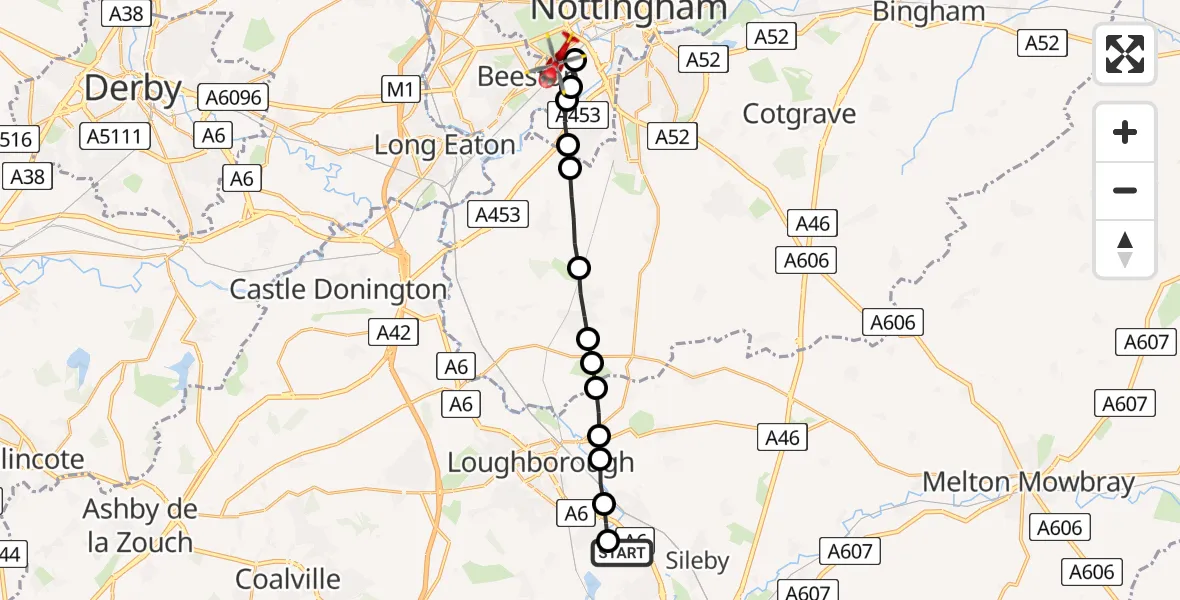 Flight route Air Ambulance Helicopter Mountsorrel - City of Nottingham, 18 August 2026, 15:50