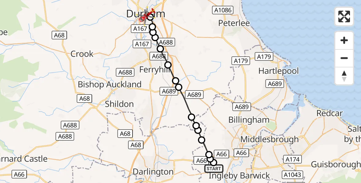 Flight route Air Ambulance Helicopter Longnewton - Durham, 18 August 2026, 16:00