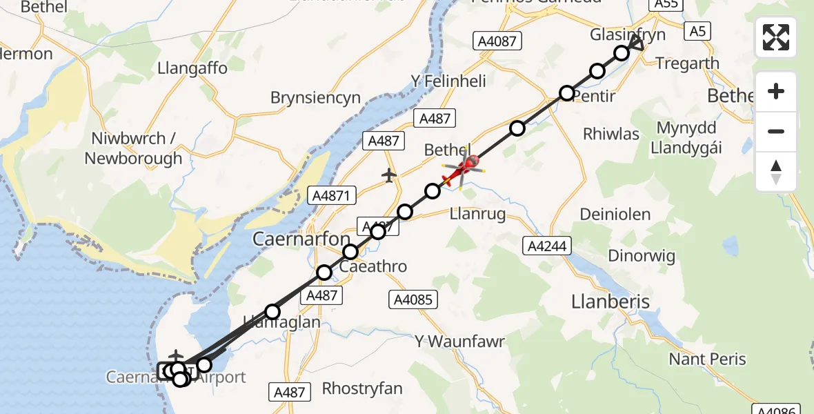Flight route Air Ambulance Helicopter Caernarfon Airport - Bethel, 18 August 2026, 16:03