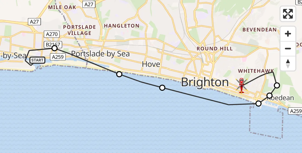 Flight route Air Ambulance Helicopter Kingston Buci - Brighton, 18 August 2026, 16:05