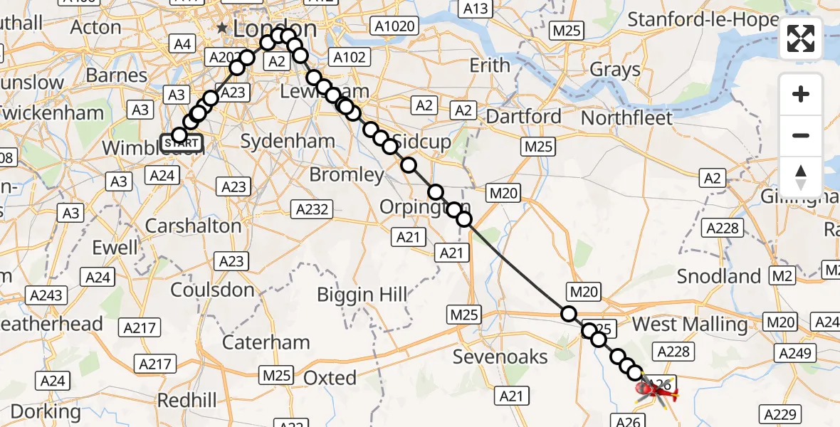 Flight route Air Ambulance Helicopter St Georges Hospital - West Peckham, 18 August 2026, 16:11