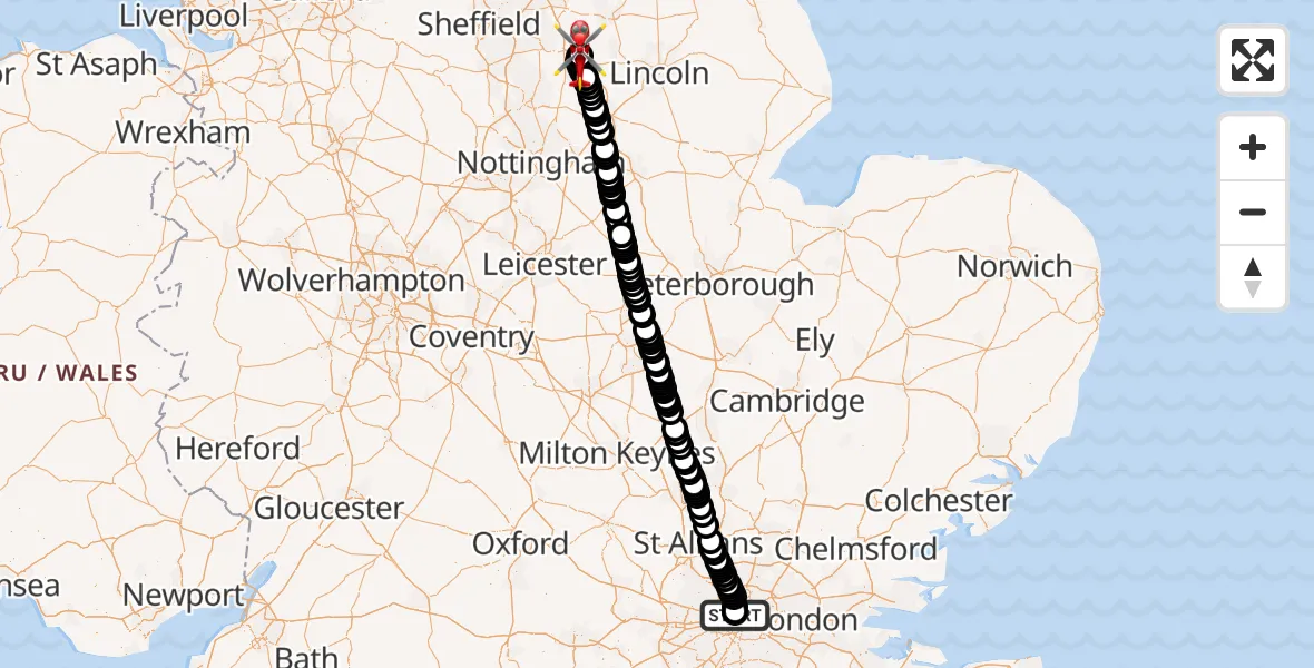 Flight route Air Ambulance Helicopter Fitzrovia - Retford Gamston Airport, 18 August 2026, 16:15