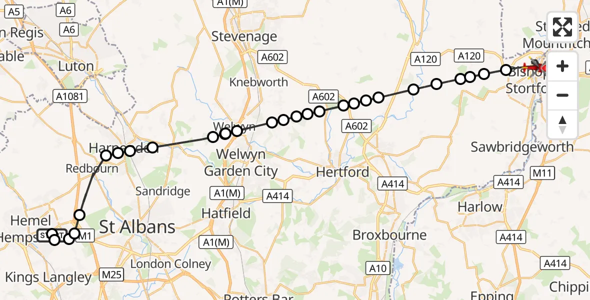 Flight route Air Ambulance Helicopter Hemel Hempstead - Bishop's Stortford, 18 August 2026, 16:16