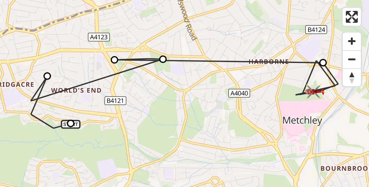 Flight route Air Ambulance Helicopter World's End - Metchley, 18 August 2026, 16:16