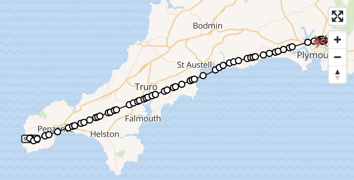 Flight route Air Ambulance Helicopter St Just - Estover, 18 August 2026, 16:22