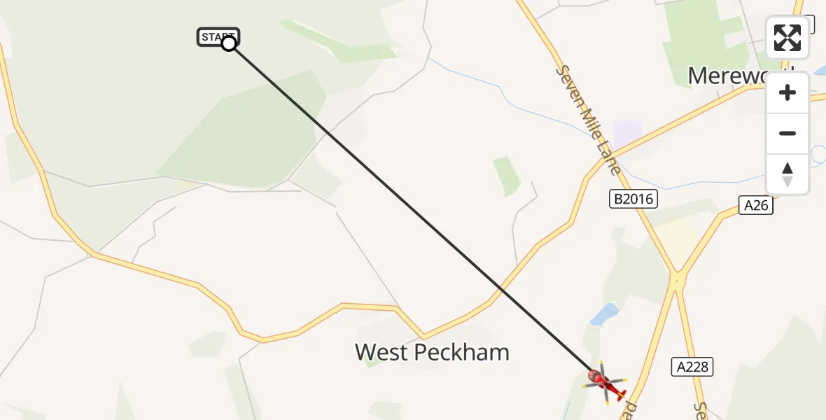 Flight route Air Ambulance Helicopter Tonbridge and Malling - West Peckham, 18 August 2026, 16:33