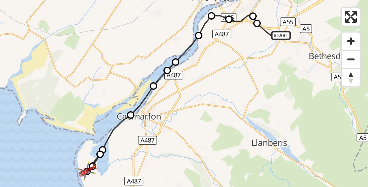 Flight route Air Ambulance Helicopter Glasinfryn - Caernarfon Airport, 18 August 2026, 16:35