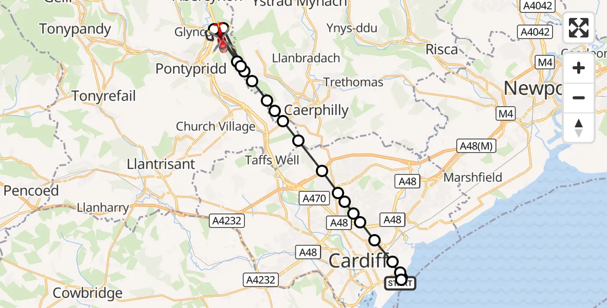 Flight route Air Ambulance Helicopter Cardiff Heliport - Pontypridd, 18 August 2026, 16:40
