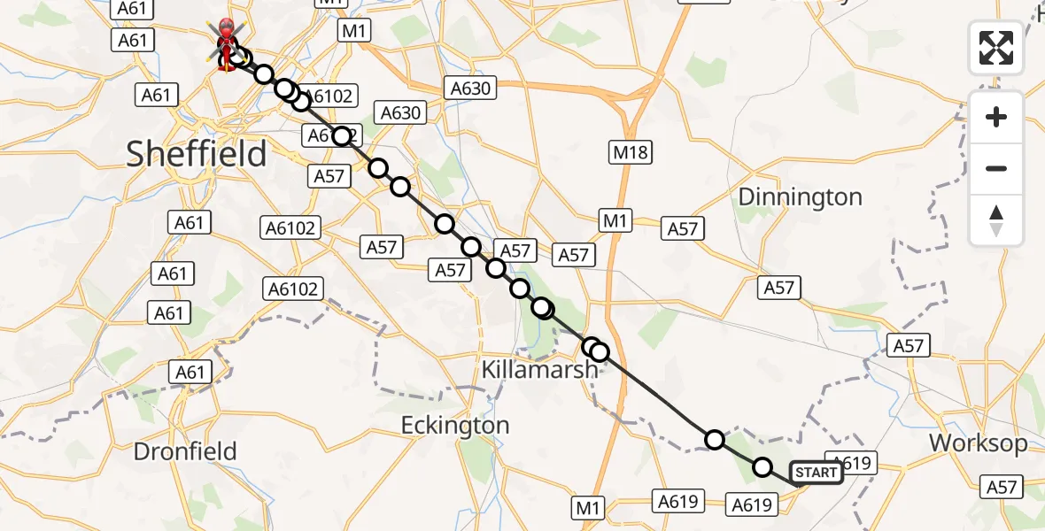Flight route Air Ambulance Helicopter Bolsover - Sheffield Northern Hospital, 18 August 2026, 16:56