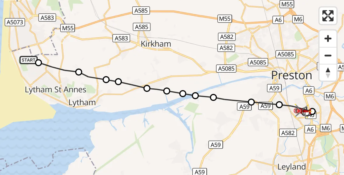 Flight route Air Ambulance Helicopter Blackpool Airport - Bamber Bridge, 18 August 2026, 16:58