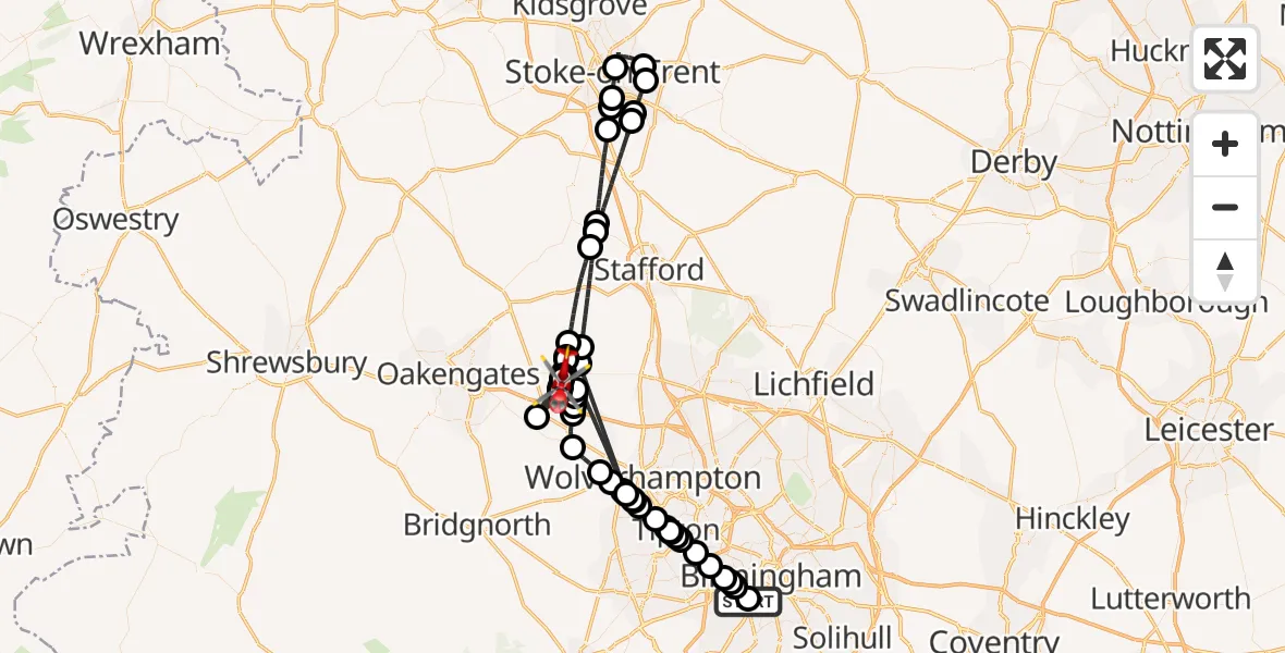Flight route Air Ambulance Helicopter Queen Elizabeth Hospital Helipad - Weston under Lizard, 18 August 2026, 17:02