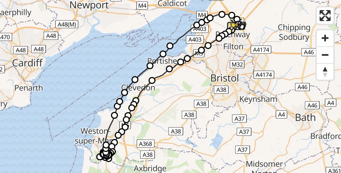 Flight route Police Helicopter Almondsbury Helicopter Base - Almondsbury Helicopter Base, 18 August 2026, 17:02