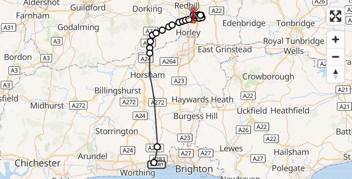 Flight route Air Ambulance Helicopter Brighton City Airport - Redhill Aerodrome, 18 August 2026, 17:02