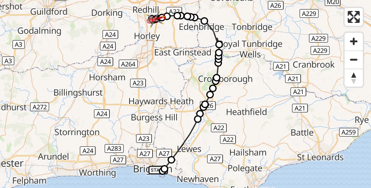 Flight route Air Ambulance Helicopter Brighton - South Nutfield, 18 August 2026, 17:04