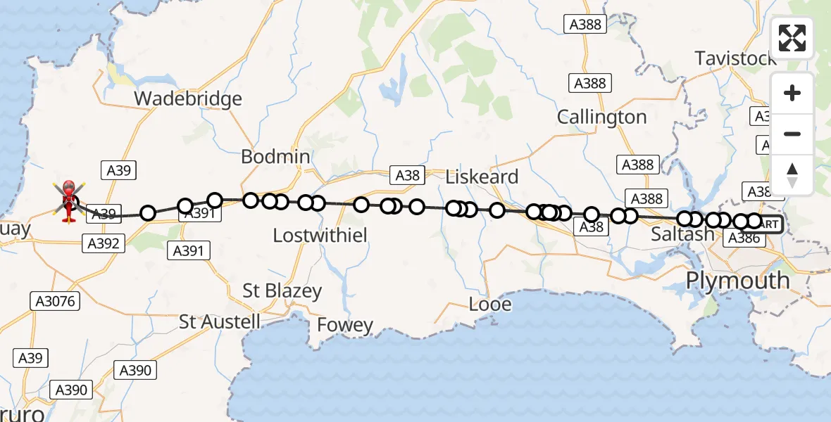 Flight route Air Ambulance Helicopter Derriford Hospital - Cornwall Airport Newquay, 18 August 2026, 17:20