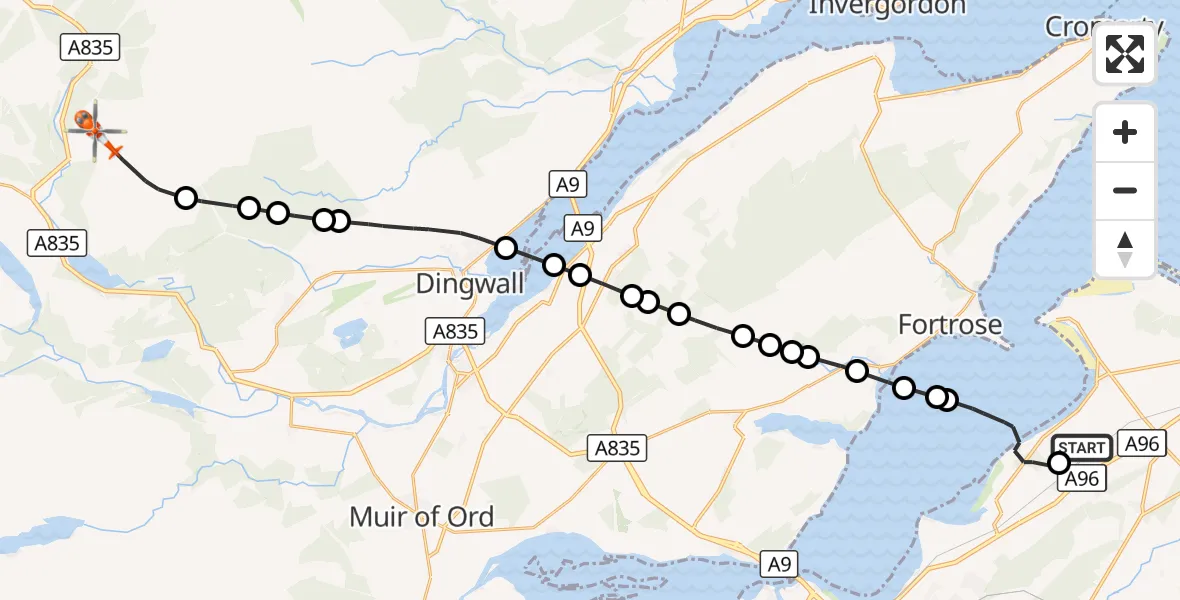 Flight route Coastguard Helicopter Inverness Airport - Highland, 18 August 2026, 17:25