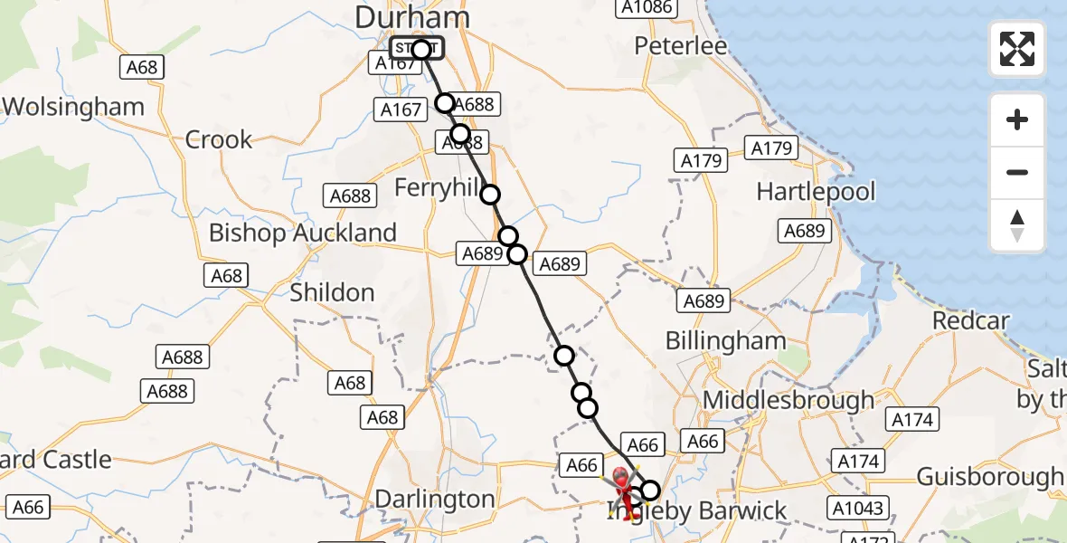 Flight route Air Ambulance Helicopter Durham - Egglescliffe, 18 August 2026, 17:25