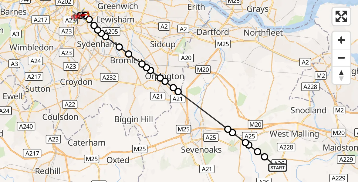 Flight route Air Ambulance Helicopter West Peckham - Kings College London Hospital, 18 August 2026, 17:32