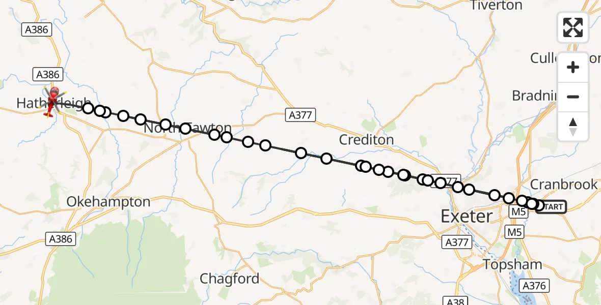 Flight route Air Ambulance Helicopter Exeter International Airport - Hatherleigh, 18 August 2026, 17:36